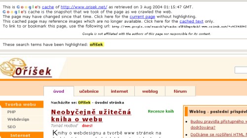 Náhled výsledků z Google – Stránka z keše